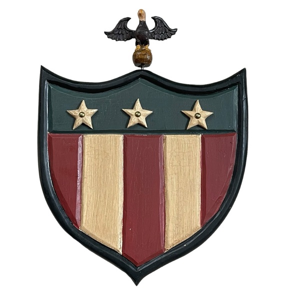 Vintage Red, White & Blue Hand Carved Wooden Liberty Shield w/Eagle 13.5” x 10” - Picture 2 of 7